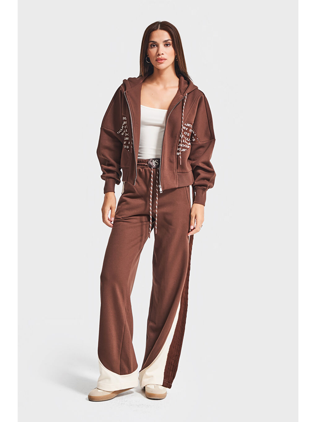 Kadın Kahverengi w5-16 Örme Kumaş Özel Tasarım Alt Üst 2'li Kombin Eşofman Takım-3