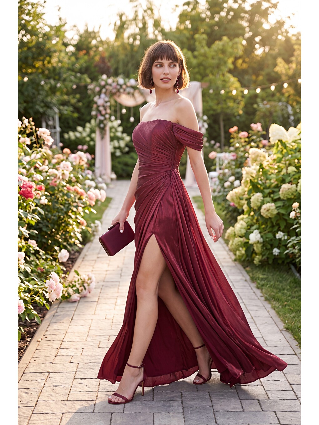 Kadın Bordo Kayık Yaka Yırtmaçlı Uzun Şifon Abiye Elbise-4