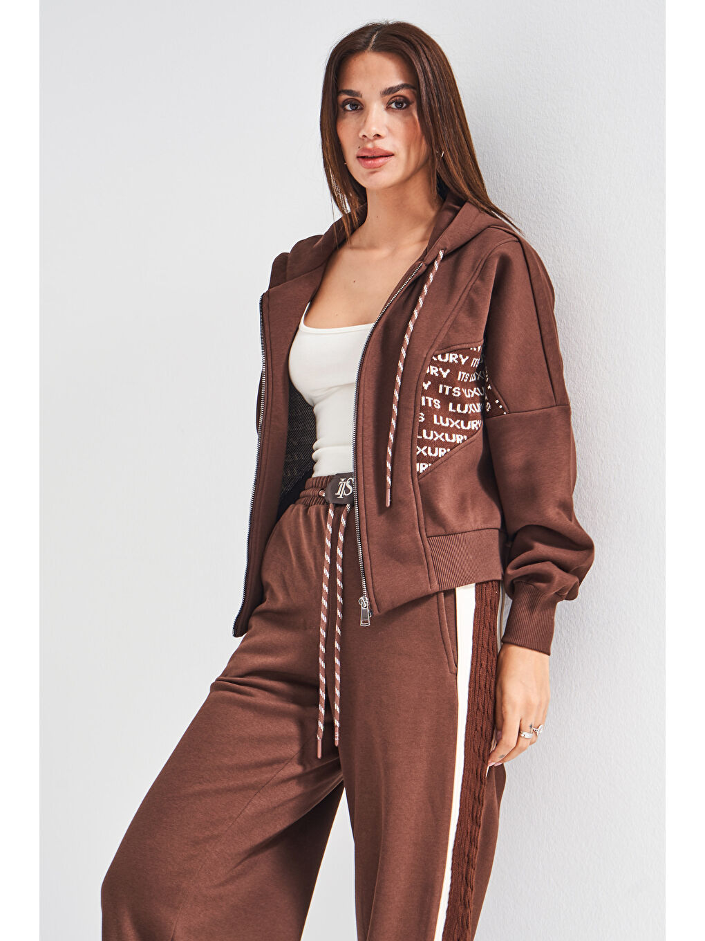 Kadın Kahverengi w5-16 Örme Kumaş Özel Tasarım Alt Üst 2'li Kombin Eşofman Takım-4