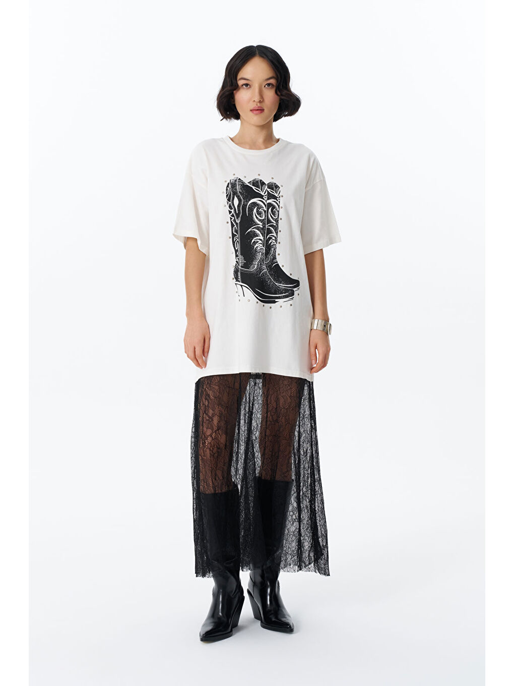 Çizme Baskılı Tişört Elbise Ekru