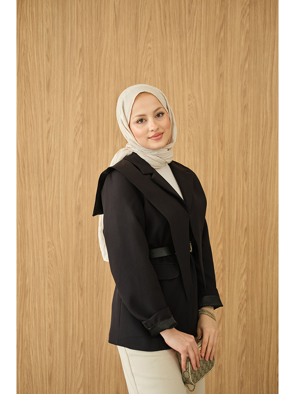 Kadın Kruvaze Yaka Cep Detay Ceket Siyah-4