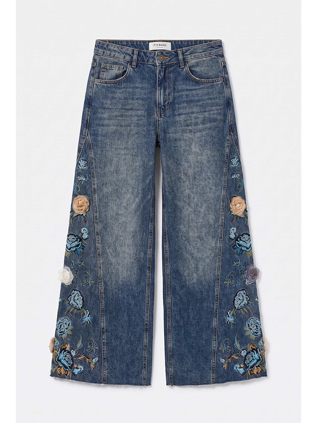 Mavi Kadın Koyu Jean 4w6-8 Palazzo Fit Nakış Ve 3d Gül Detaylı Özel Tasarım Denim Jean-3