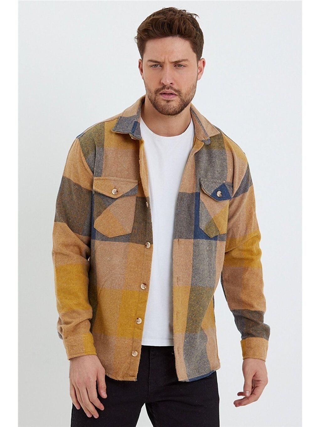 Sarı Erkek Slim Fit Uzun Kollu Çift Cepli Ekoseli Oduncu Gömlek