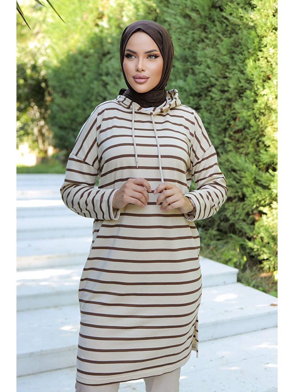 Kahverengi Kapüşonlu Çizgili Tunik Koyu Kahve   26587