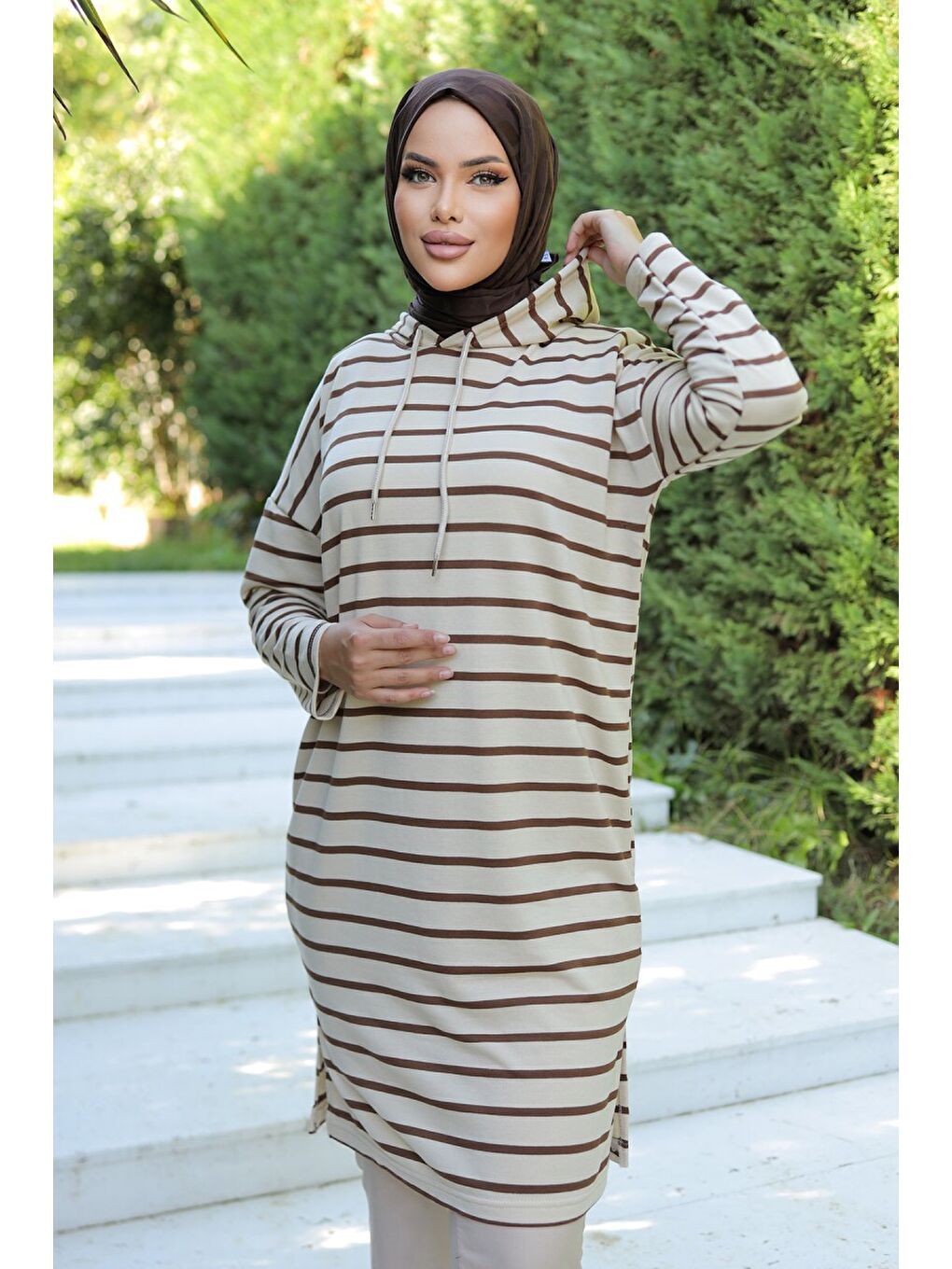 Kahverengi Kapüşonlu Çizgili Tunik Koyu Kahve   26587-3