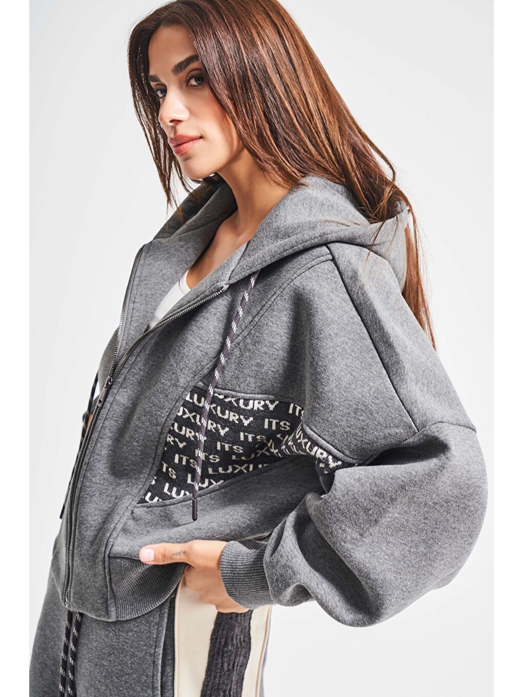 Kadın Gri Renk w5-45 Örme Kumaş Özel Tasarım Alt Üst 2'li Kombin Eşofman Takım-2