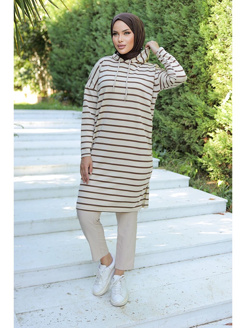 Kahverengi Kapüşonlu Çizgili Tunik Koyu Kahve   26587-5