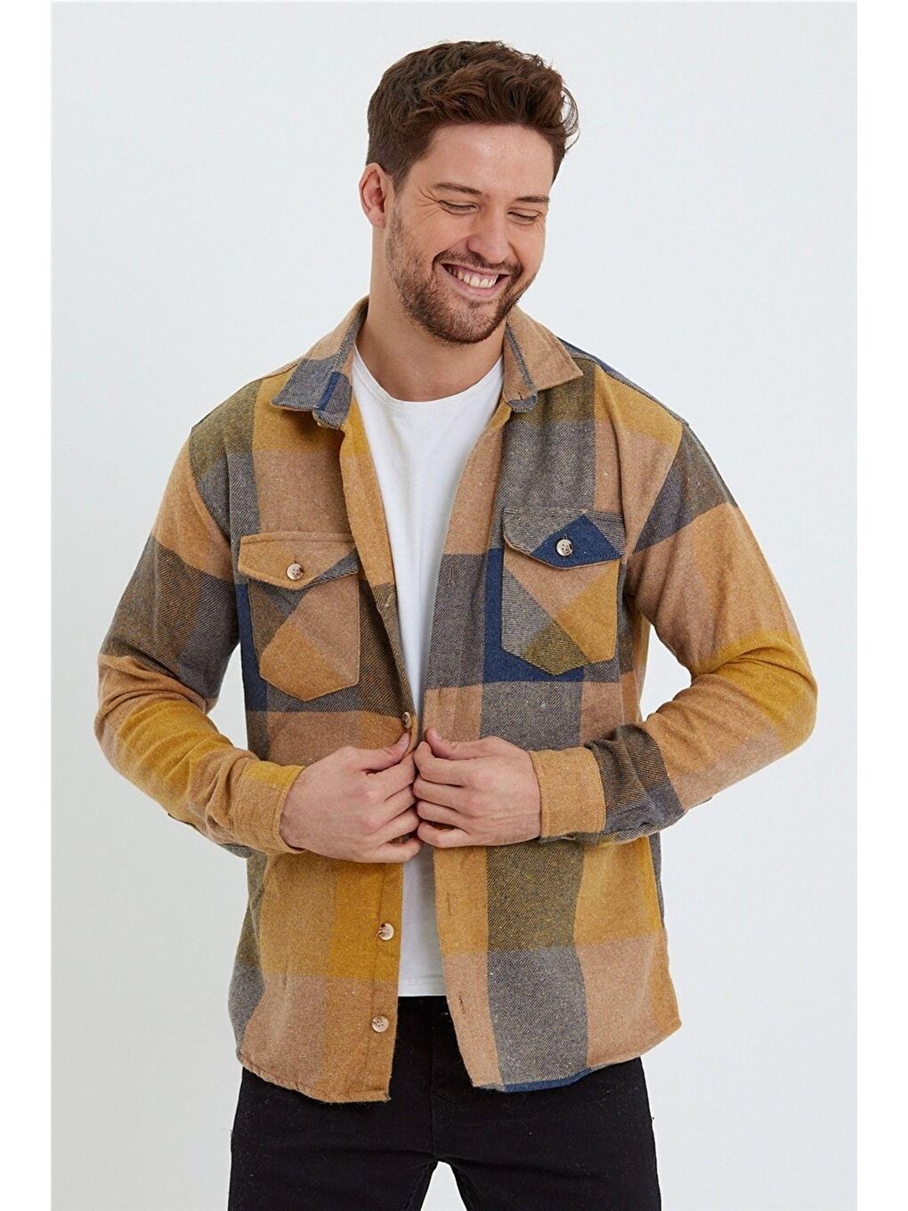 Sarı Erkek Slim Fit Uzun Kollu Çift Cepli Ekoseli Oduncu Gömlek-1