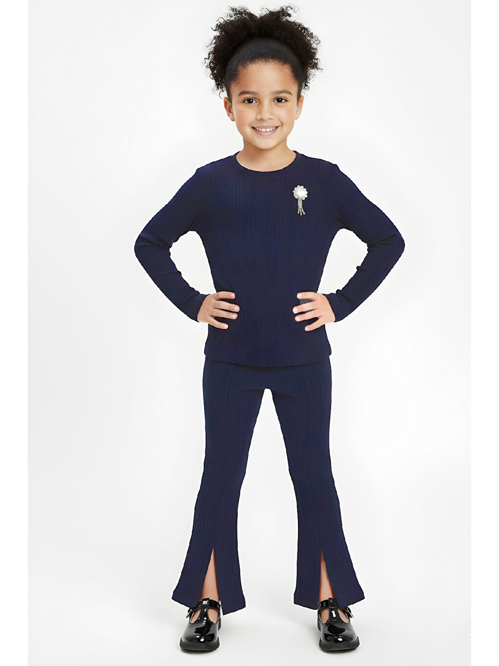 Lacivert Kız Çocuk Broşlu Alt-Üst Takım 4-8 Yaş 12528-2