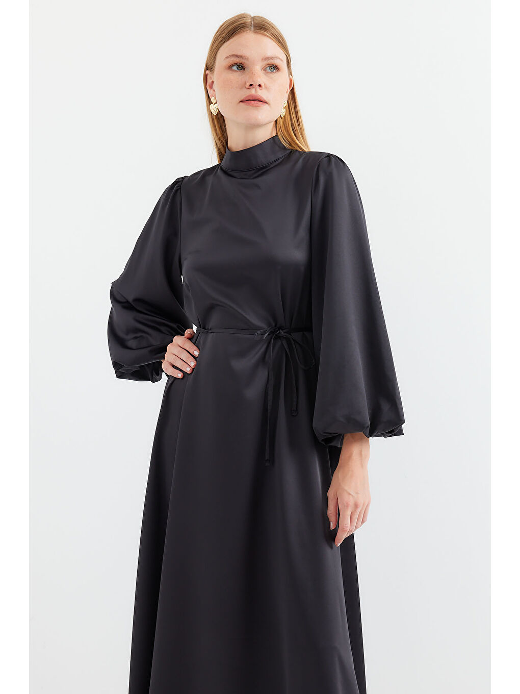 2510 Saten Tesettür Abiye Elbise - Siyah-1