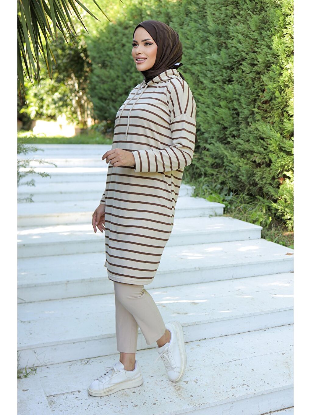 Kahverengi Kapüşonlu Çizgili Tunik Koyu Kahve   26587-6
