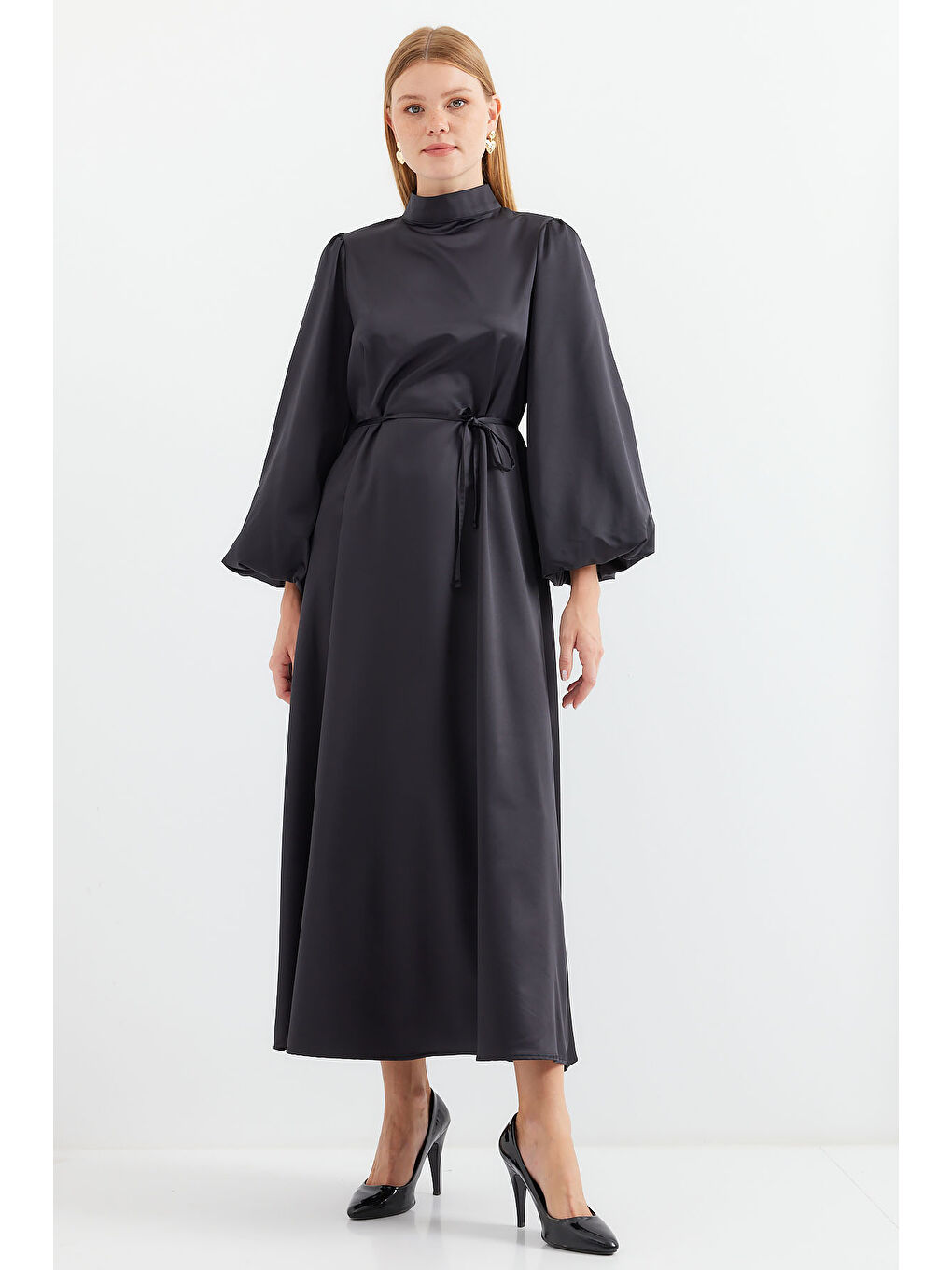 2510 Saten Tesettür Abiye Elbise - Siyah-2