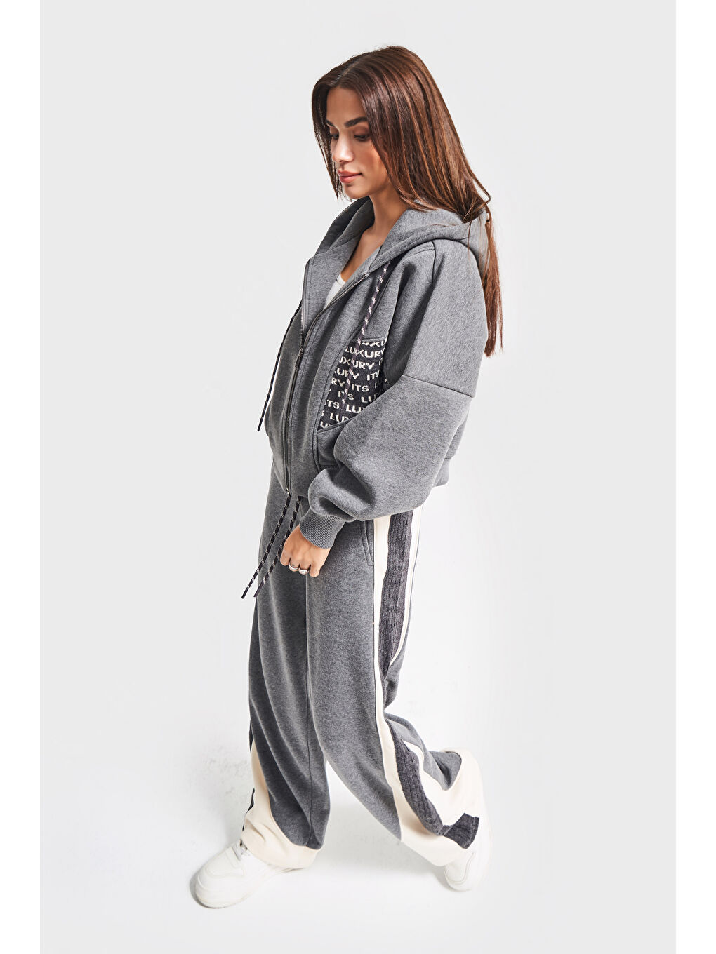 Kadın Gri Renk w5-45 Örme Kumaş Özel Tasarım Alt Üst 2'li Kombin Eşofman Takım-3