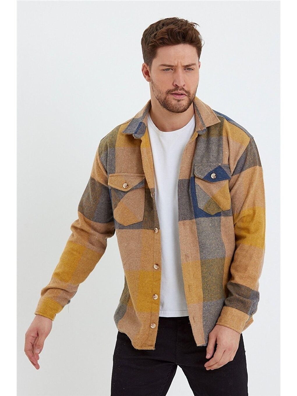 Sarı Erkek Slim Fit Uzun Kollu Çift Cepli Ekoseli Oduncu Gömlek-2