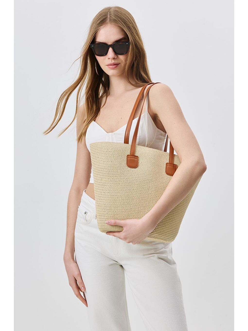 Ekru Askılı Hasır Omuz Çantası Y9201 Krem