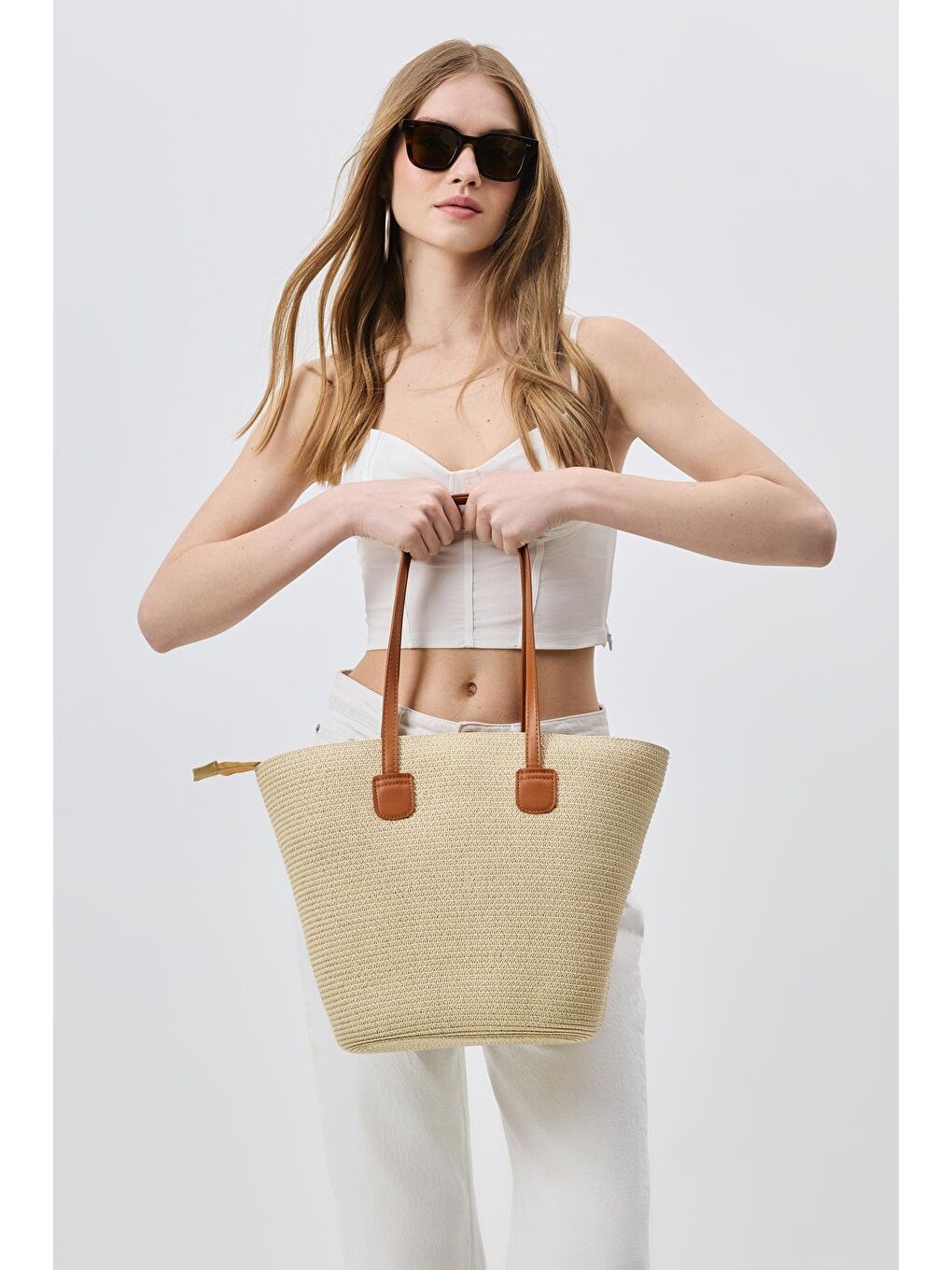 Ekru Askılı Hasır Omuz Çantası Y9201 Krem-1