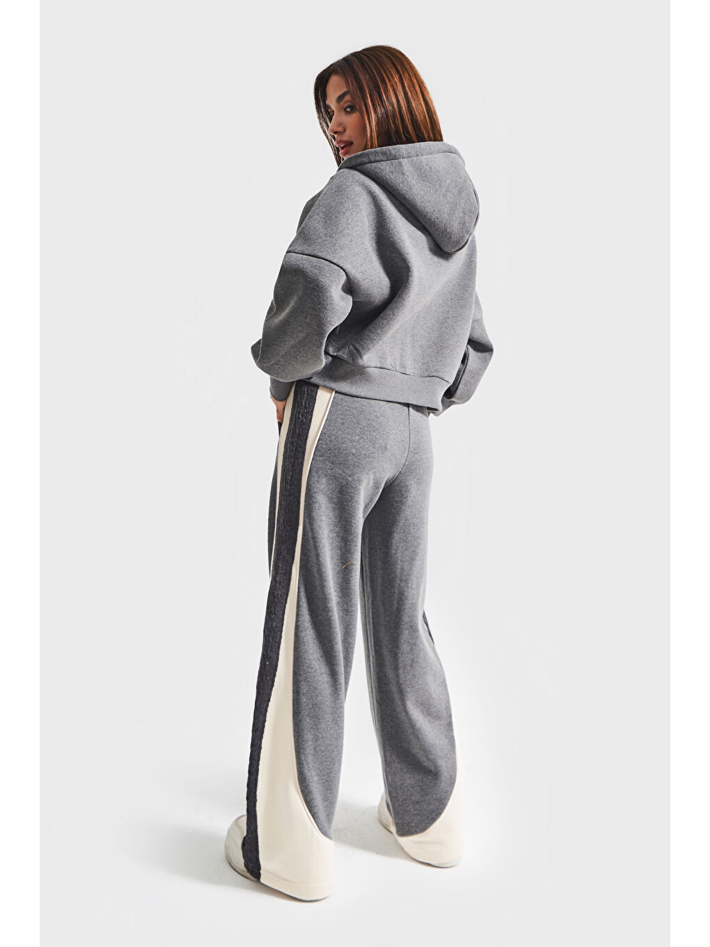 Kadın Gri Renk w5-45 Örme Kumaş Özel Tasarım Alt Üst 2'li Kombin Eşofman Takım-4