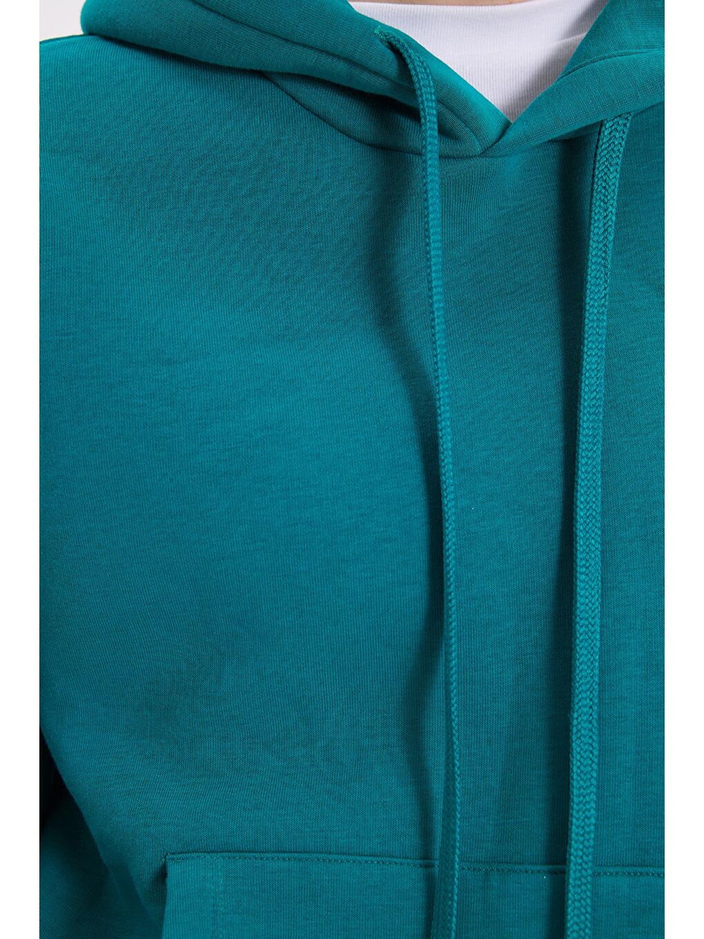 Kadın Oversize Geniş Kesim Pamuklu Yumuşak Dokulu İçi Polarlı Basic Yeşil Kapüşonlu Sweatshirt-6