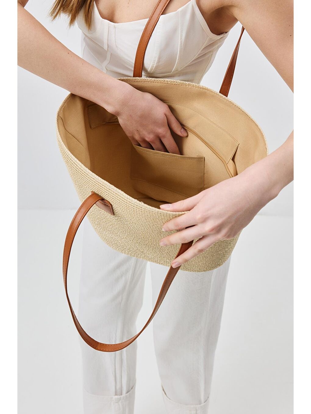 Ekru Askılı Hasır Omuz Çantası Y9201 Krem-2