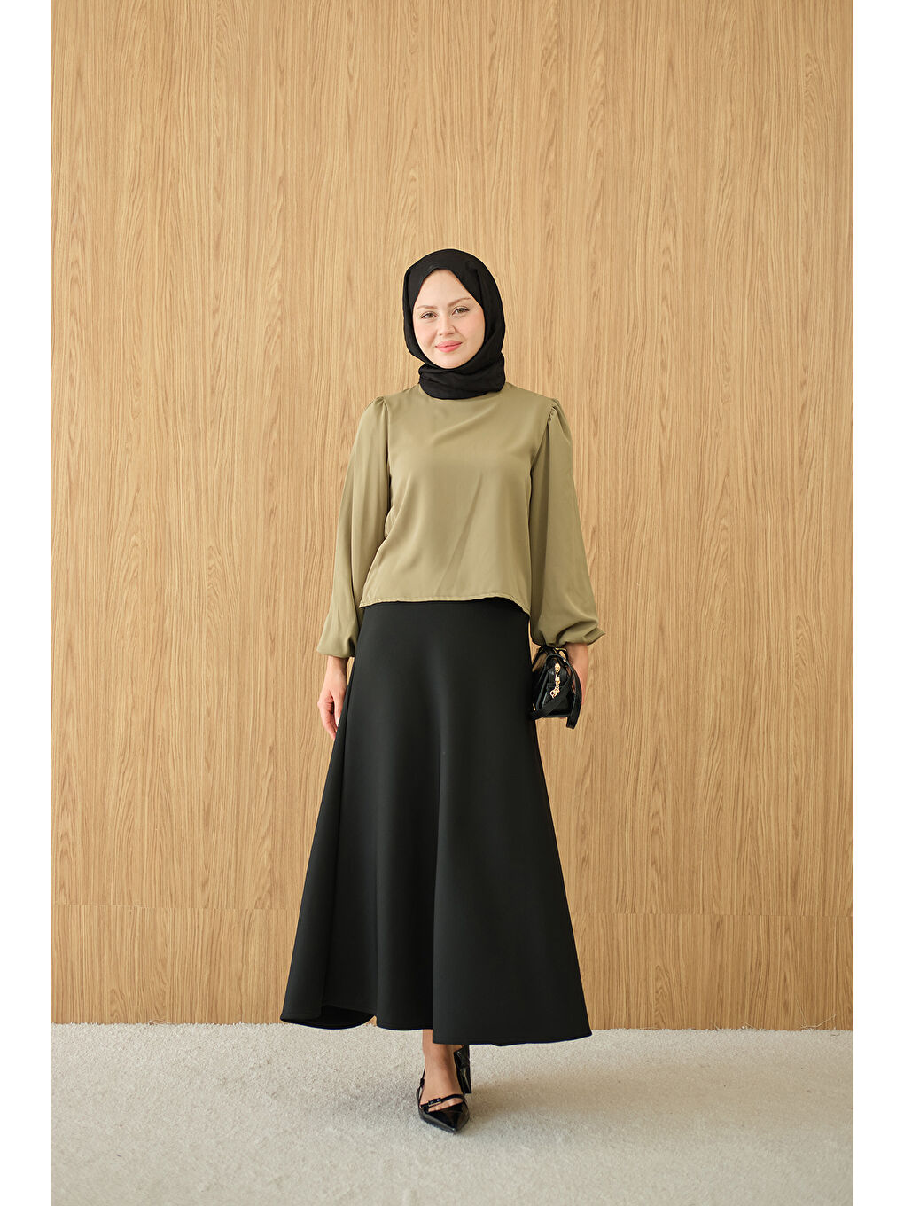 Kadın Dik Yakalı Ve Balon Kol Bluz Yeşil-3