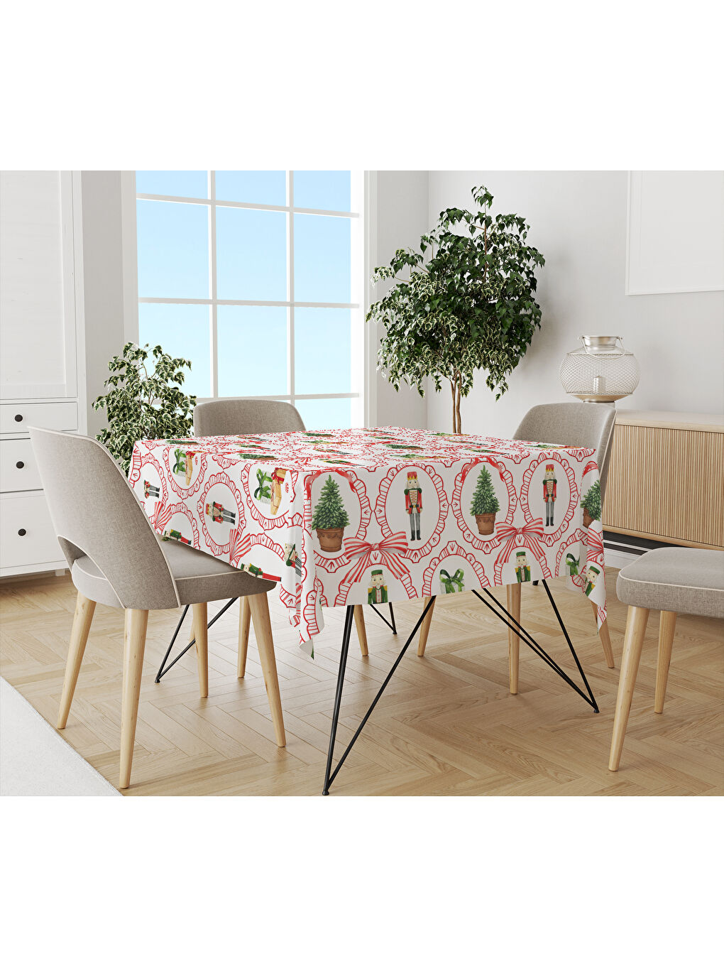 Karışık Yılbaşı Temalı Kurşun Asker Desenli Dijital Baskılı Masa Örtüsü