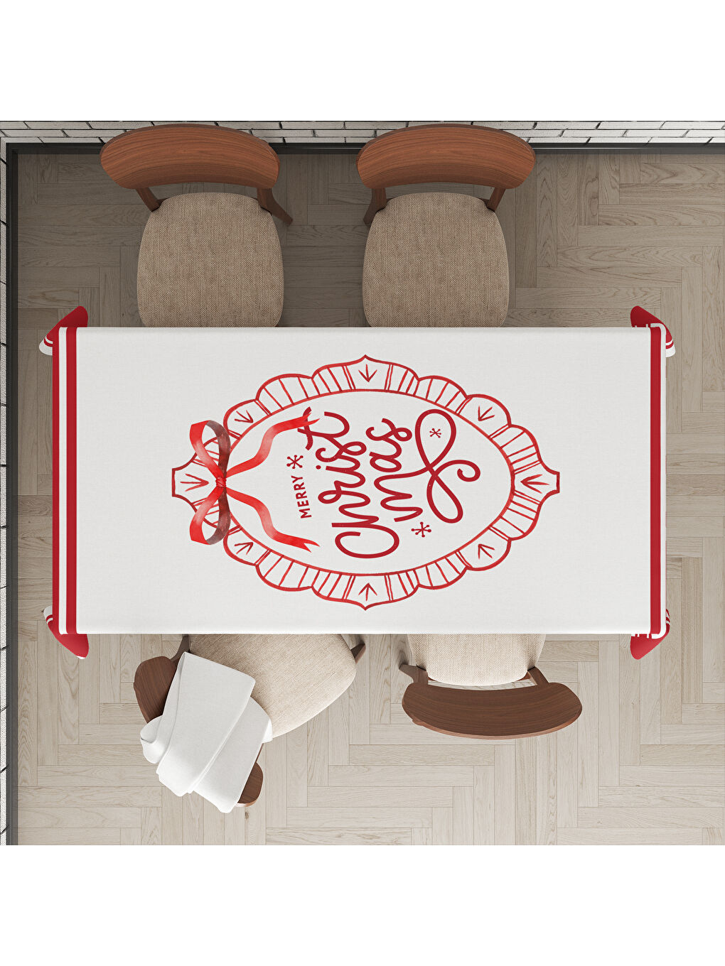 Karışık Yılbaşı Temalı Critsmas Yazı Desenli Dijital Baskılı Masa Örtüsü-1