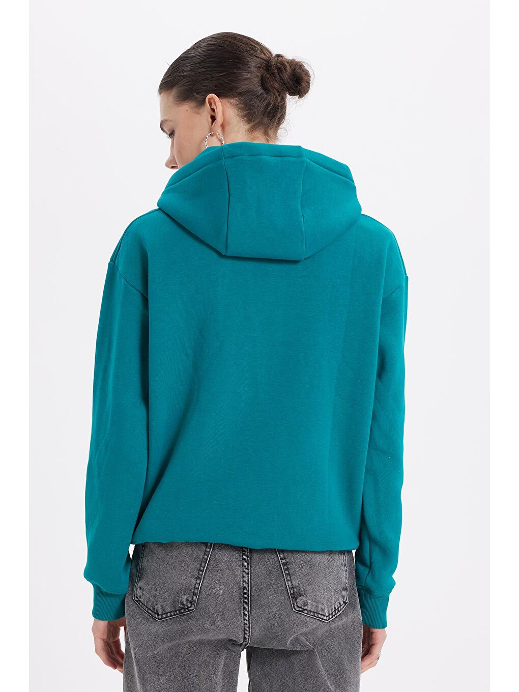 Kadın Oversize Geniş Kesim Pamuklu Yumuşak Dokulu İçi Polarlı Basic Yeşil Kapüşonlu Sweatshirt-7