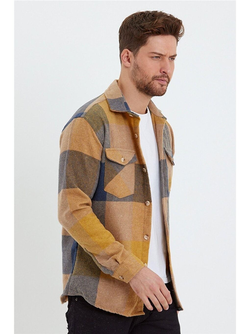 Sarı Erkek Slim Fit Uzun Kollu Çift Cepli Ekoseli Oduncu Gömlek-3