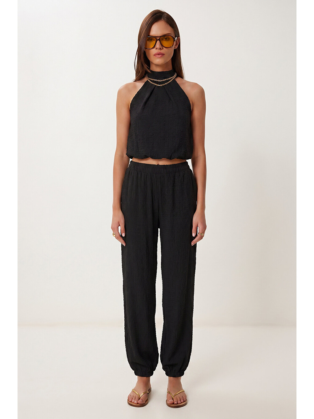 Siyah Halter Yaka Bluz Pantolon Krinkıl Takım SİYAH LFW0027
