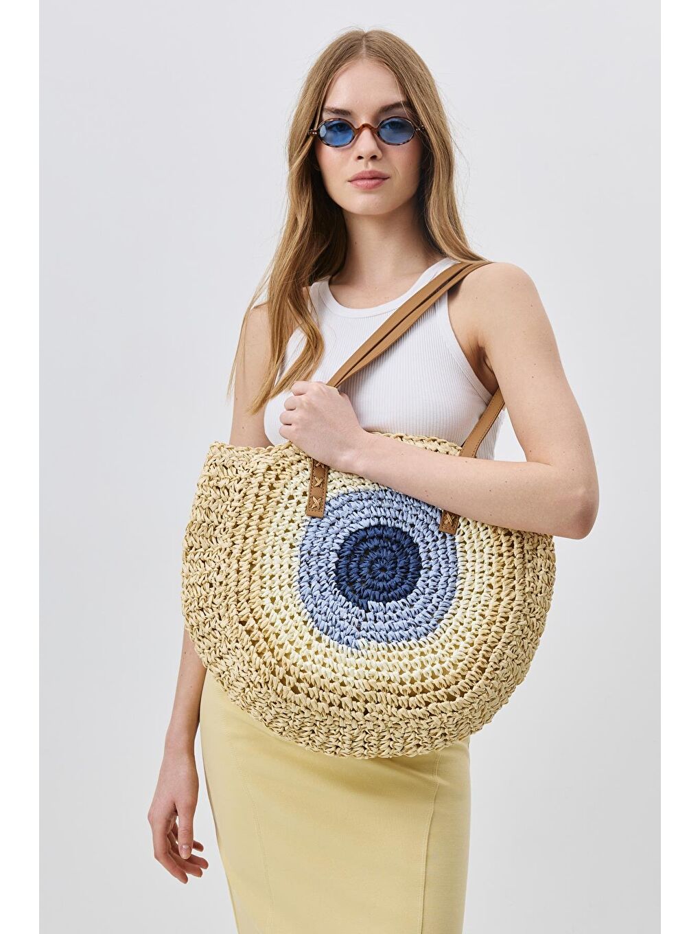 Ekru Hasır Omuz Çantası Y9207 Krem-1