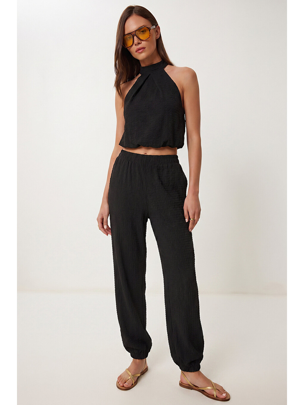 Siyah Halter Yaka Bluz Pantolon Krinkıl Takım SİYAH LFW0027-1