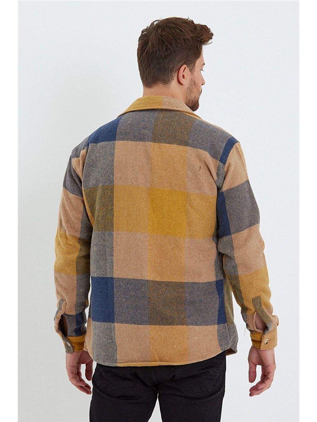 Sarı Erkek Slim Fit Uzun Kollu Çift Cepli Ekoseli Oduncu Gömlek-4