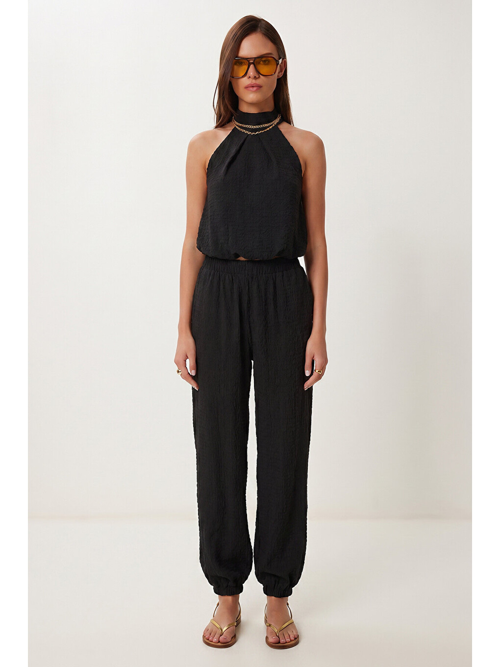 Siyah Halter Yaka Bluz Pantolon Krinkıl Takım SİYAH LFW0027-2