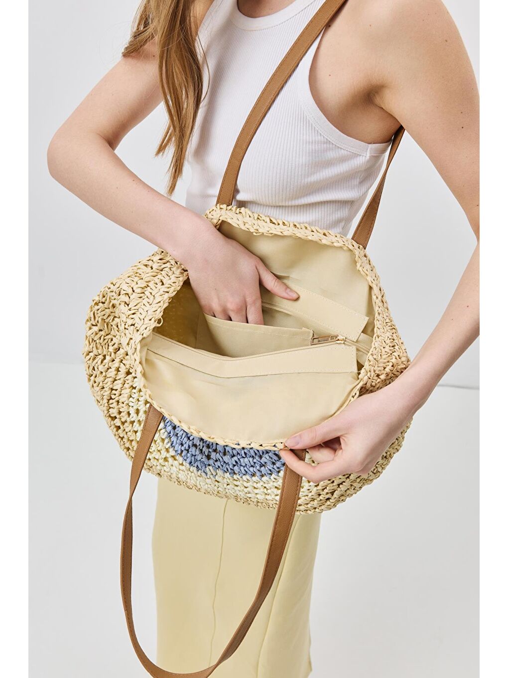 Ekru Hasır Omuz Çantası Y9207 Krem-2