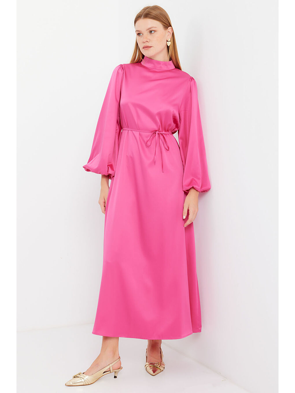 2510 Saten Tesettür Abiye Elbise - Fuşya