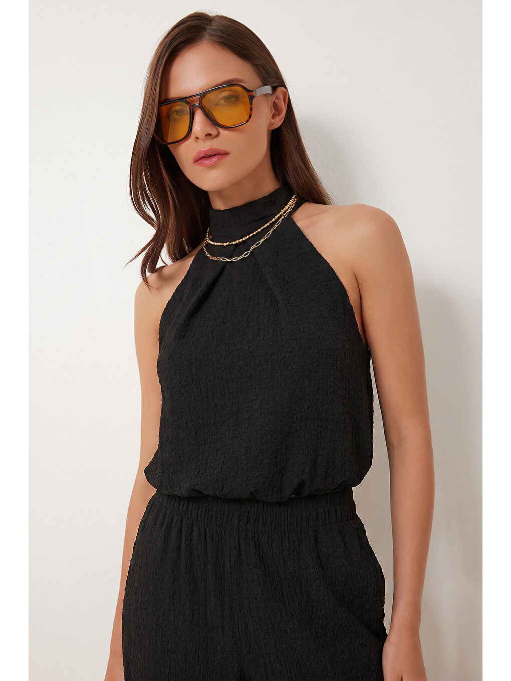 Siyah Halter Yaka Bluz Pantolon Krinkıl Takım SİYAH LFW0027-3