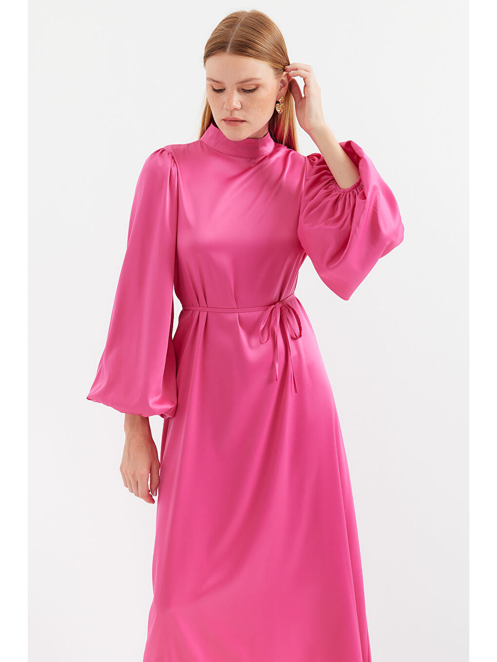 2510 Saten Tesettür Abiye Elbise - Fuşya-2