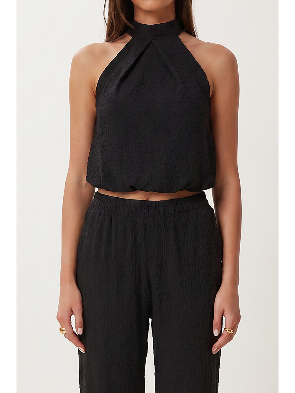 Siyah Halter Yaka Bluz Pantolon Krinkıl Takım SİYAH LFW0027-4