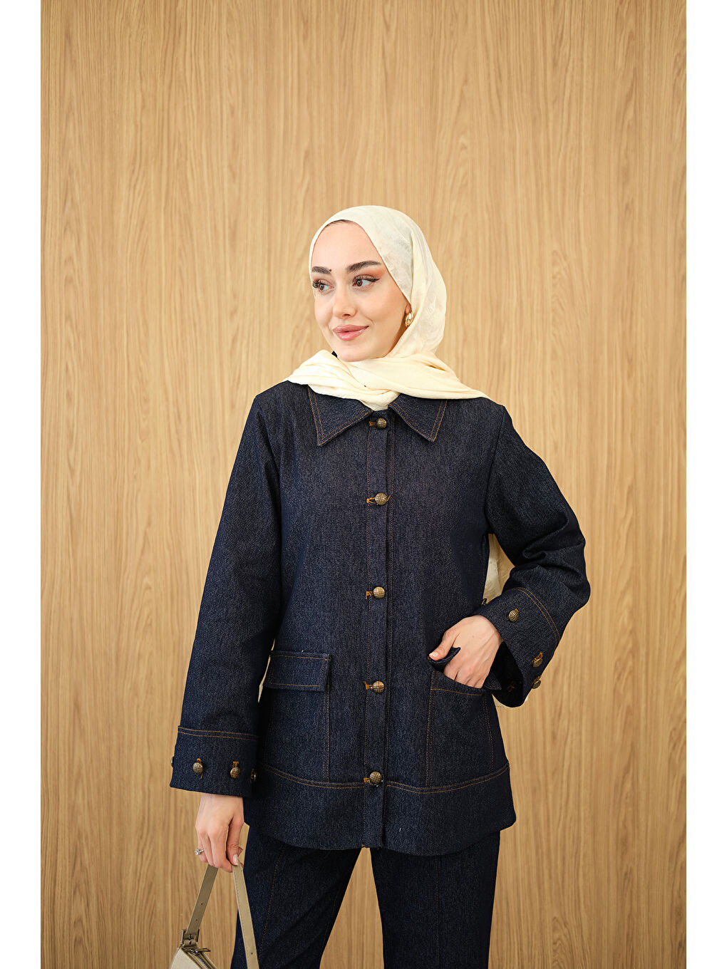 Kadın Düğme Detay Çift Cepli Jean Takım Lacivert-1