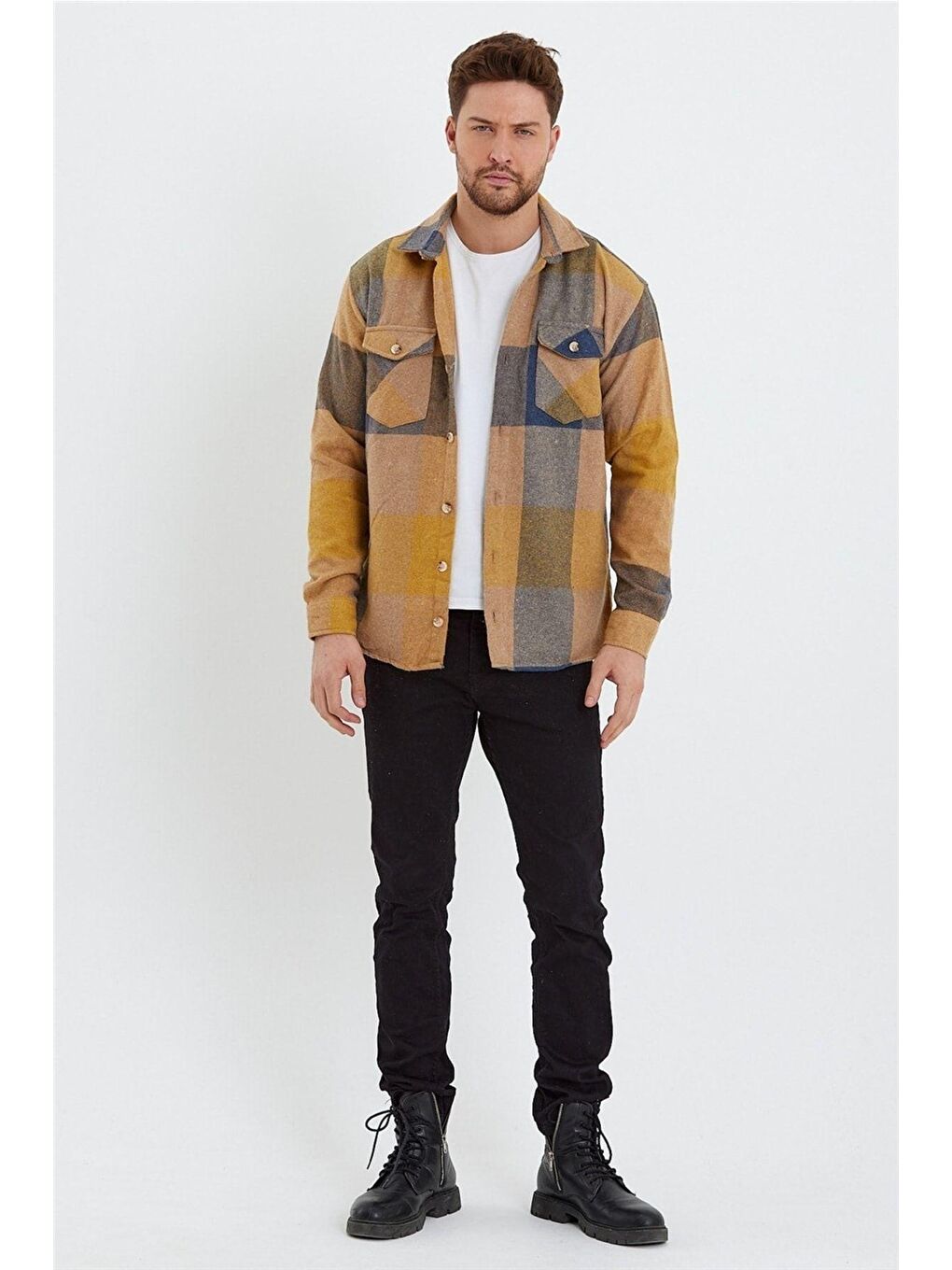 Sarı Erkek Slim Fit Uzun Kollu Çift Cepli Ekoseli Oduncu Gömlek-5