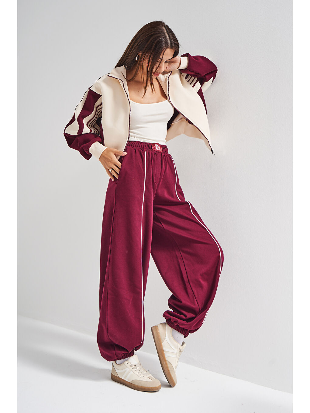 Kadın Ekru Bordo Renk w5-35 Örme Kumaş Tasarım Alt Üst 2'li Kombin Eşofman Takım-1
