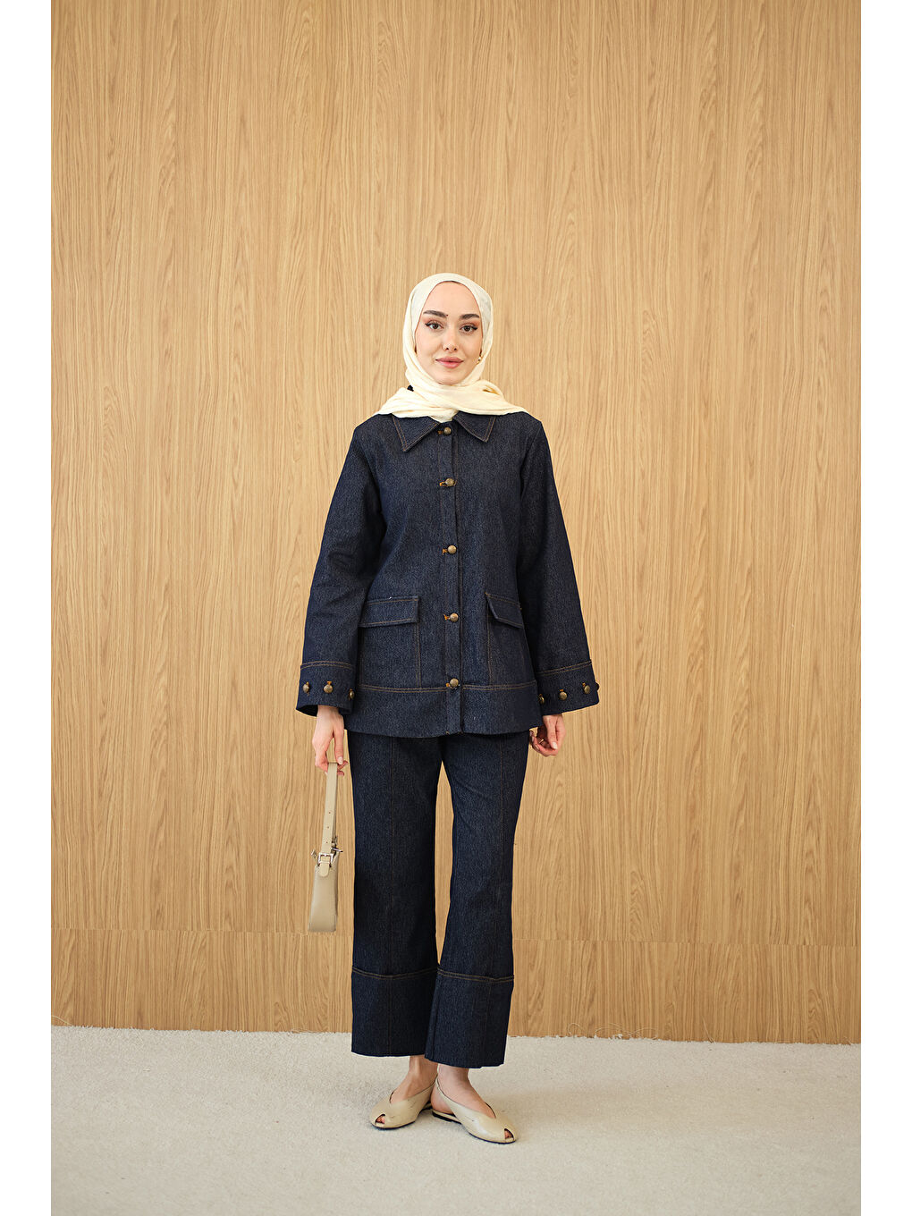 Kadın Düğme Detay Çift Cepli Jean Takım Lacivert-2