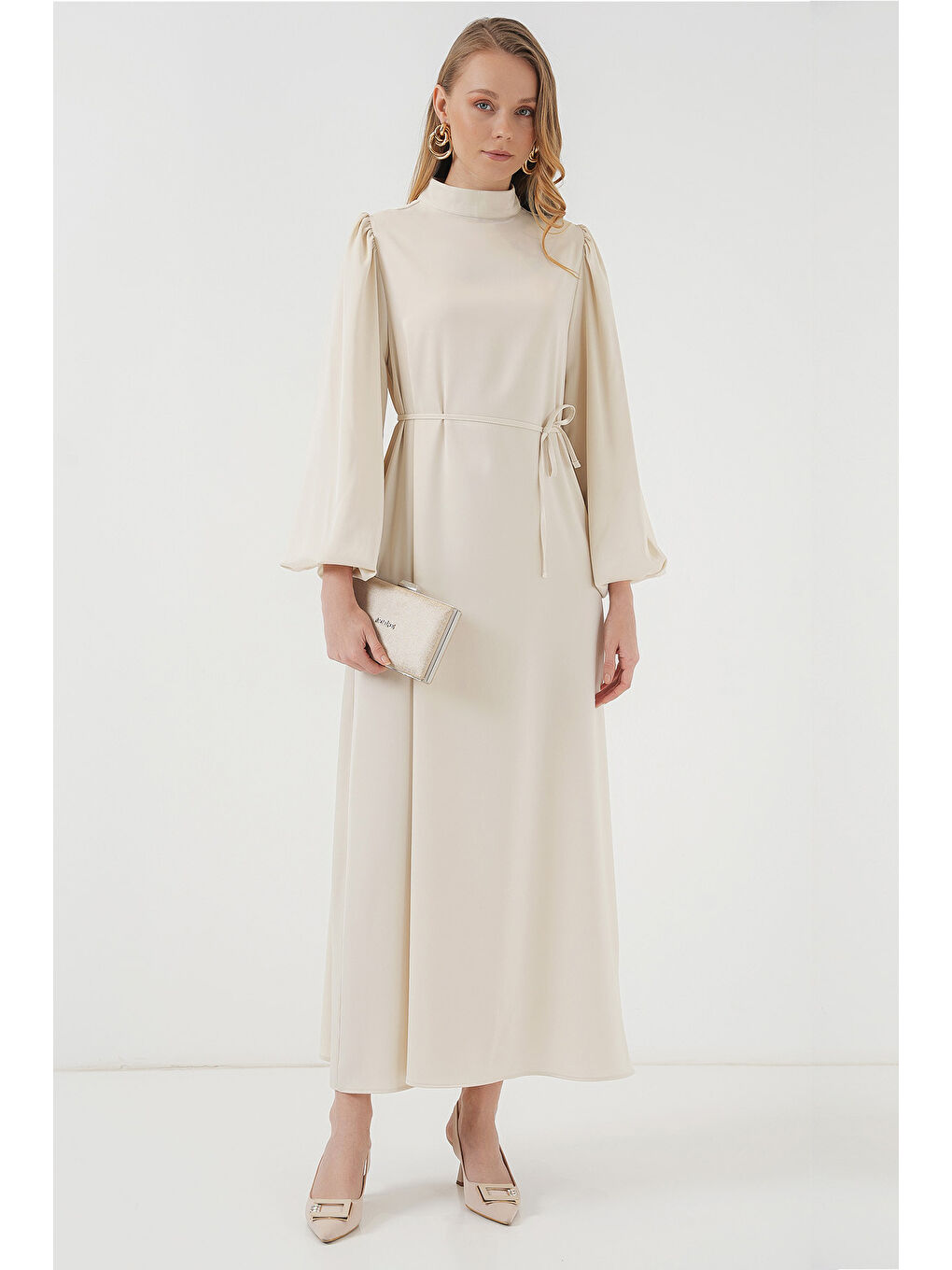 2510 Saten Tesettür Abiye Elbise - Ekru