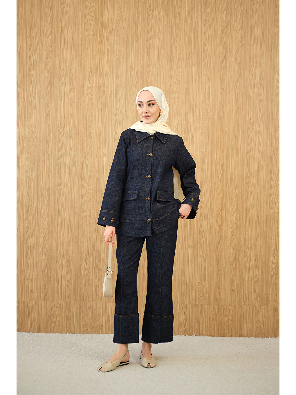 Kadın Düğme Detay Çift Cepli Jean Takım Lacivert-3