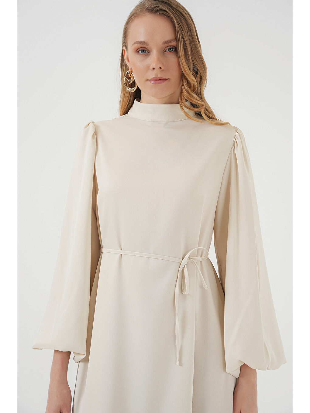 2510 Saten Tesettür Abiye Elbise - Ekru-1