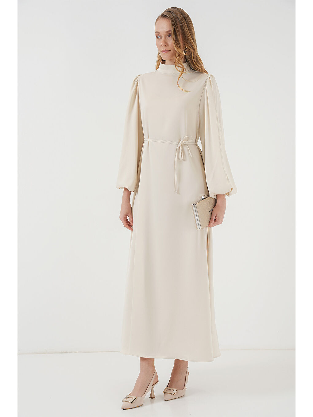 2510 Saten Tesettür Abiye Elbise - Ekru-2