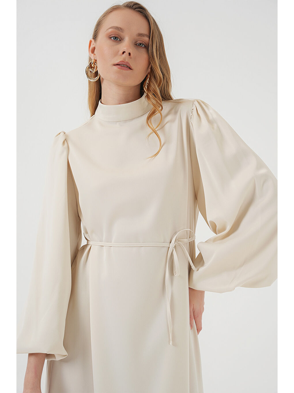 2510 Saten Tesettür Abiye Elbise - Ekru-3