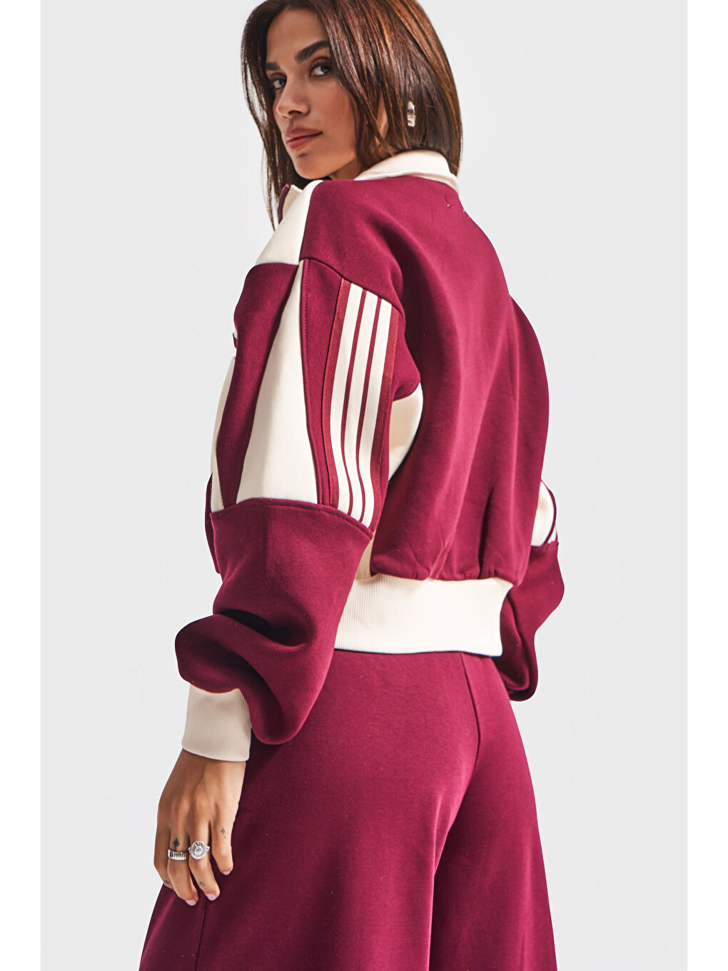 Kadın Ekru Bordo Renk w5-35 Örme Kumaş Tasarım Alt Üst 2'li Kombin Eşofman Takım-2