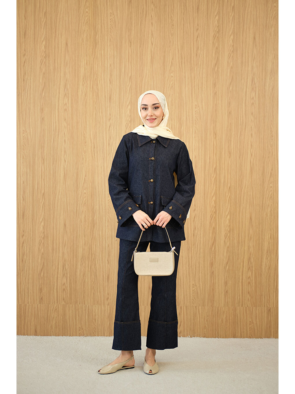 Kadın Düğme Detay Çift Cepli Jean Takım Lacivert-4