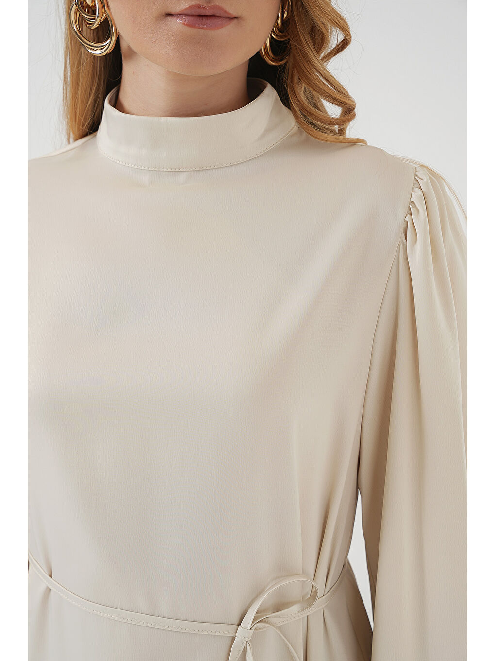 2510 Saten Tesettür Abiye Elbise - Ekru-4